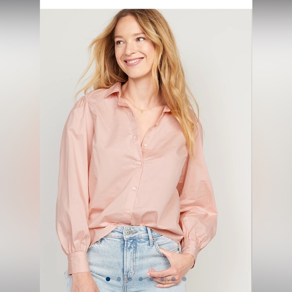 Old Navy Tops - OLD NAVY Salmon Pink Long-Sleeve Smocked Cotton Poplin Button Down Blouse Shirt